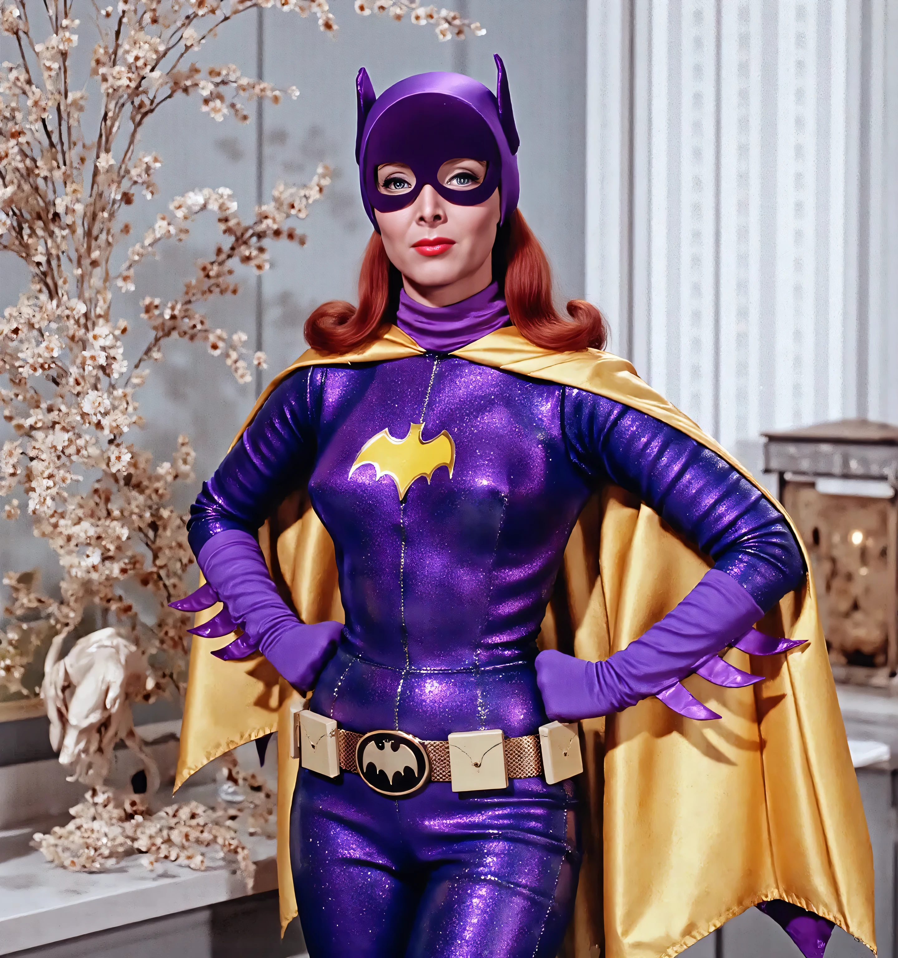 Sofia Vergara (age 40, sexy bat girl bikini cosplay, holding a bouquet of violet tulips) doing a cosplay fashion show, having lots of fun and sexy sassy strut on stage