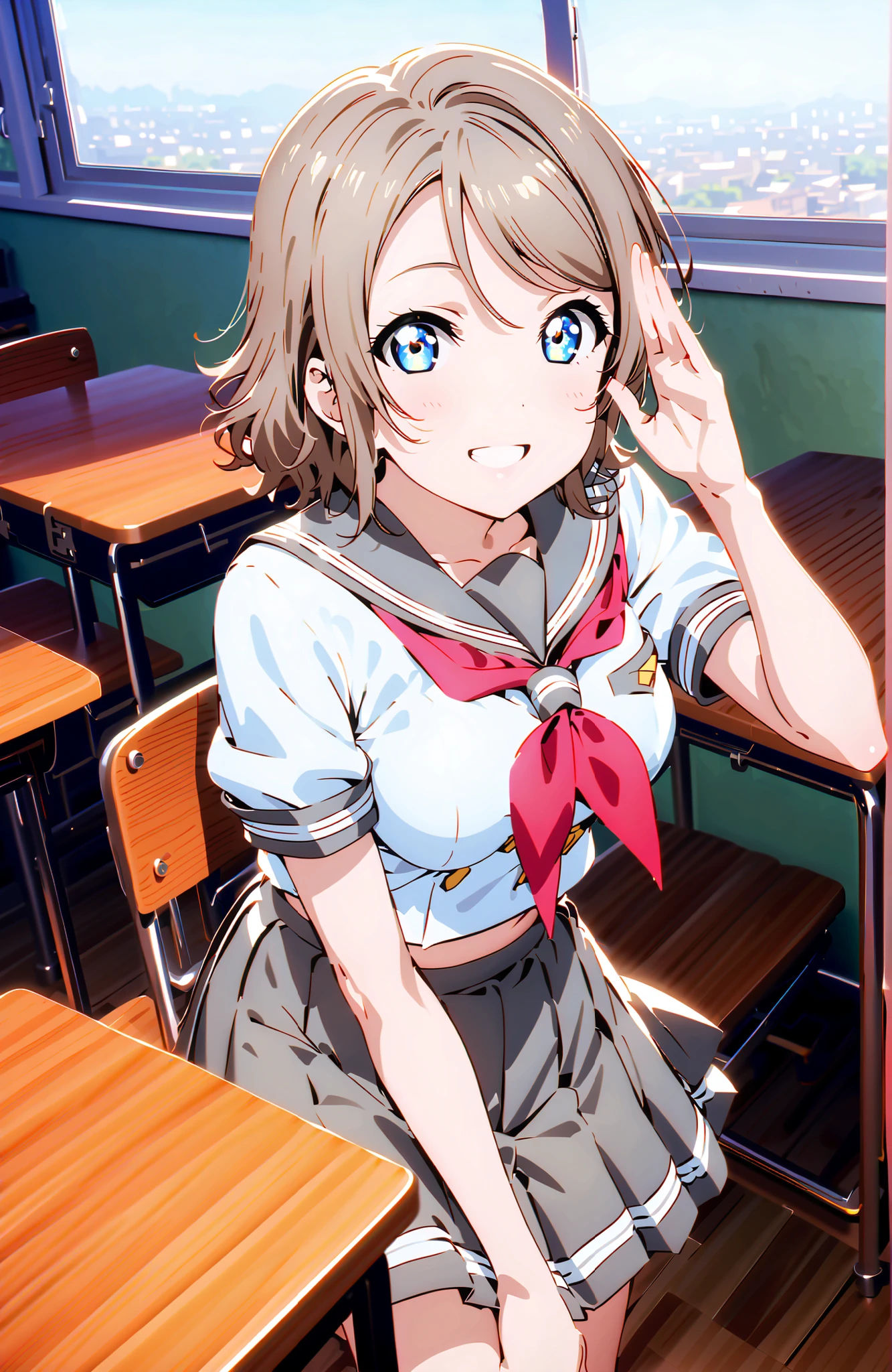 score_9, score_8_up, score_7_up, solo, 1 girl, Watanabe, short hair, medium breasts, Hair,blue eyes,smile,blush,grinning,
break skirt, uniform, short sleeve, pleated skirt, sailor suits, socks, neckerchief, black socks, (red neckerchief:1.2), grey skirt, uranohoshi uniform,She is holding a bouquet of flowers with her left arm,is in a salute pose with his right hand,standing,machine,chairs,curtains,window,noon,綺麗な街並みbreak indoors, Classroom,
break looking at viewer,full body,
break (masterpiece:1.2), best quality, high resolution, Unity 8k 壁紙, (illustrations:0.8), (beautiful detailed eyes:1.6), highly detailed face wearing black, perfect lighting on the table, extremely detailed CG, (perfect hand, perfect anatomy),,