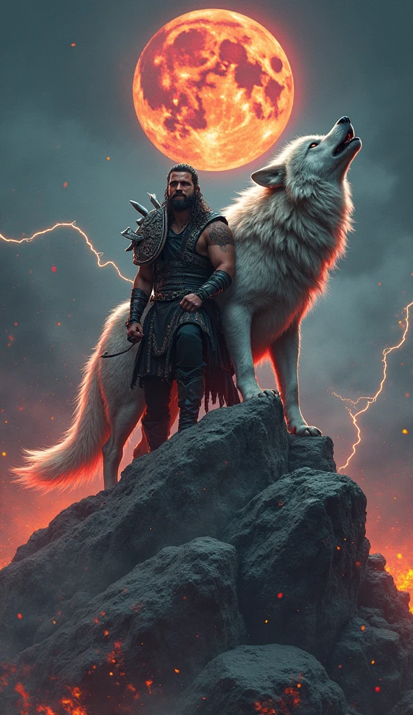 the best quality, very high resolution, detailed 4K CG, Masterpiece artwork, augur, Nordic Deuses, handsome man plus a wolf, rune tattoos, viking, Celtic mountains, tall trees, blue sky, Norse mythology, viking rune tattoo, beautiful aesthetic, Beautiful picture, There are beautiful mountains with green grass in the back