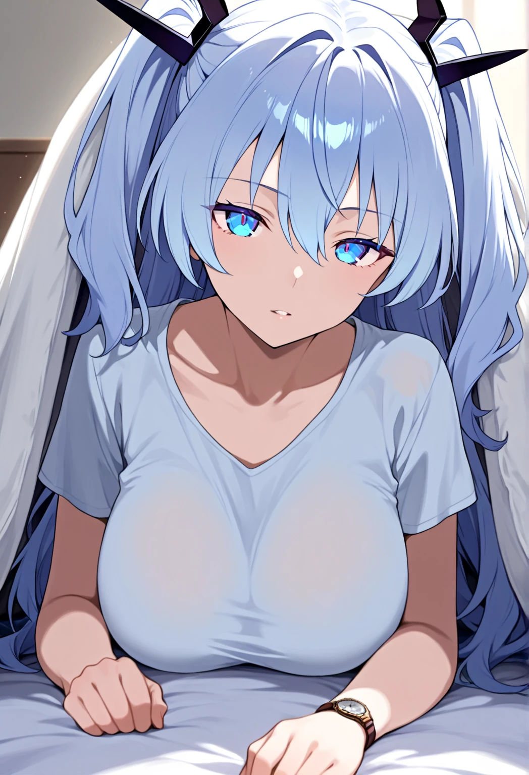 Looking at the camera、very long white and sky blue hair、White hair、Scattered hair、Navy blue sailor suit、Orange ribbon、small tits、鎖骨、a bed、bedsheet、Golden Eyes、(Looking down:1.2)、Opening Mouth、red blush、Waiting for a kiss、