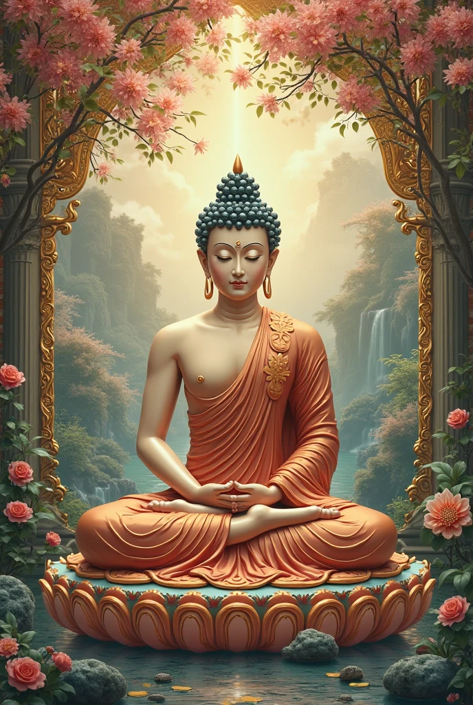 A detailed T-shirt design inspired by Buddhist art, featuring a central image of a serene Buddha surrounded by intricate mandala patterns. The T-shirt is adorned with ornate and eye-catching motifs, including lotus flowers, swirling clouds, and sacred symbols like the Dharma wheel. The design incorporates small, elaborate patterns that create a rich, textured look. The color scheme includes deep golds, reds, and blues, with metallic accents that add a sense of depth and complexity to the overall design.