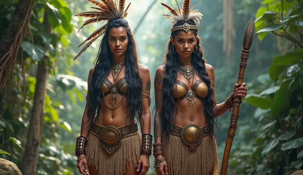 The image features two women in warrior-like costumes adorned with jewelry and feathers. They are standing in front of a gold and black background with lights.