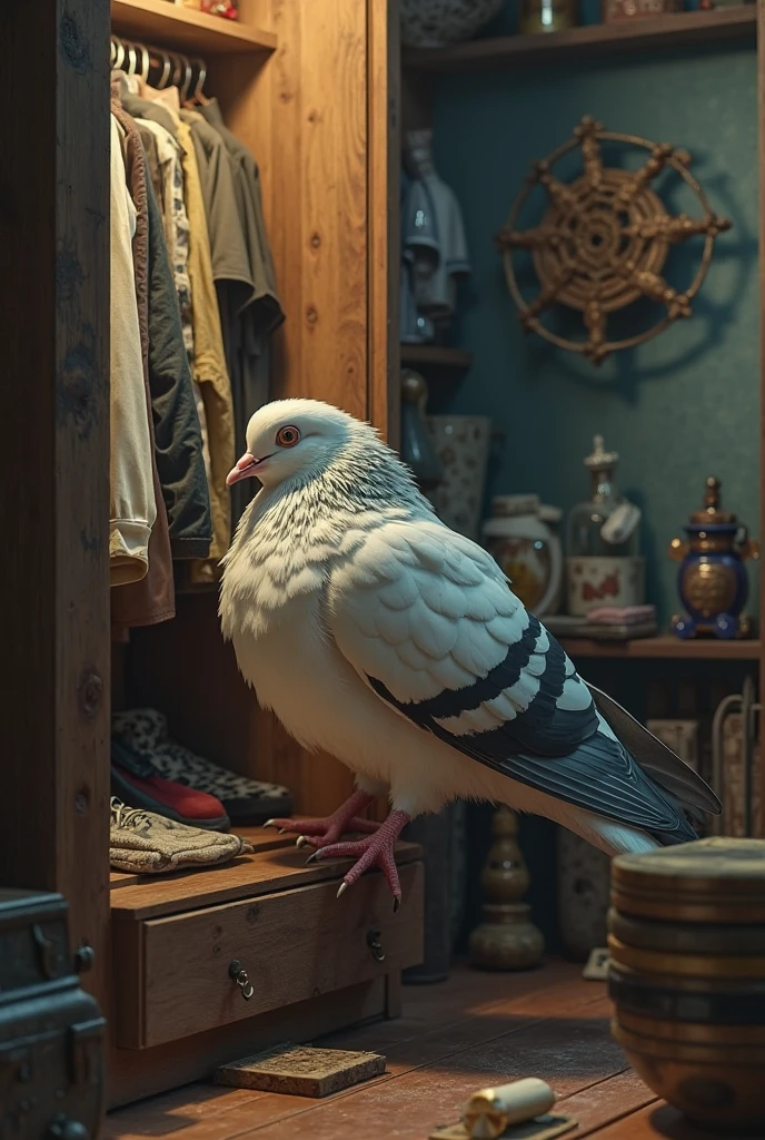 close up of bloody white bird feathers inside an empty open birdcage in a living room, nightmare