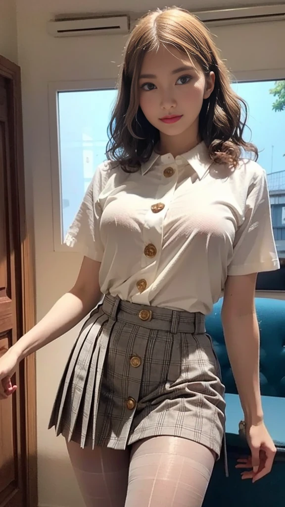 girl in summer clothes, white blouse, light blue shorts, pantyhose or long stockings, making like she wants to kiss you, view from viewer, medium breasts, cleavage, random background, flirtatious look, ((very detailed)), (perfectly detailed face), (well detailed hand) photorealistic image, ahegao