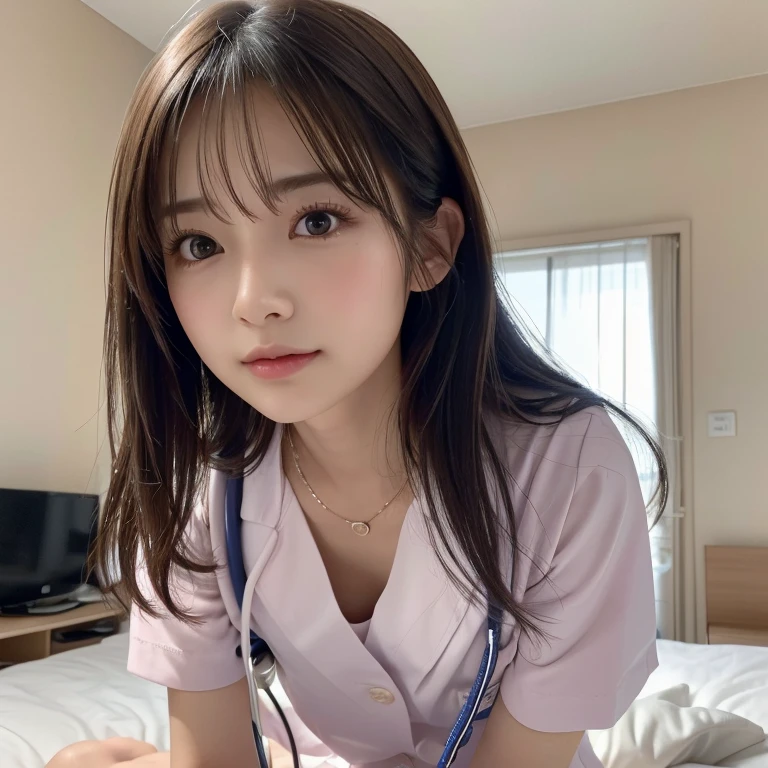(１girl)、(Japanese、27 years old、Refreshing、clear、seems kind、stylish、(narrow eyes)、Pitiful、cute like an angel、cute、black eyes、Idol,actress,）, Good style and slenderness, (Beautiful big breasts:0.7),(soft breasts),(very cute),(brown hair),,（tendrils）,(medium long hair),(enchanting eyes),(highlight on eyes:1.2)、(8K、Live shooting、highest quality、masterpiece:1.2、optimal lighting)、((masterpiece)),(Photo taken by a professional photographer),(real、photo real:1.4),break,{ (white nurse costume),(((taraditional nurse uniform))),(white nurse mini skirt),(( pantyhose)),(cleavage:0.7)},(Sad face:1.5),(cheeks are red:1.4)、,((talking to a patient lying in bed:1.2))、Face close-up:1.3,Looking at viewer、Mouth wide open, break, break,Hospital room,Hospital bed,