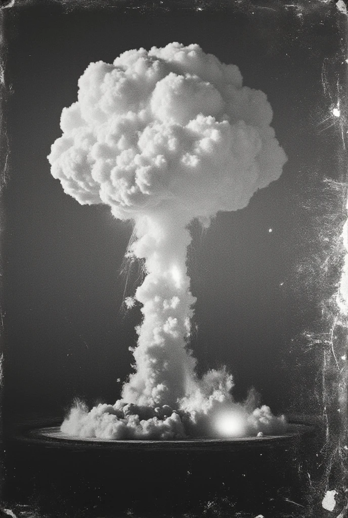 A vintage photo documentary style black and white image of an atomic bomb explosion, with visible stains and scratches. Focus on the mushroom cloud rising in the distance, with a sense of awe and dread. Blurry, grainy, realistic.