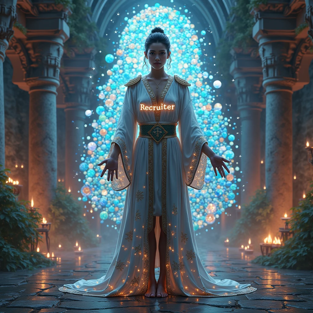 A futuristic + spellcaster wearing a streamlined, armored robe with holographic elements and glowing symbols. She’s in a high-tech arena with advanced magical constructs and an audience of diverse futuristic beings.”