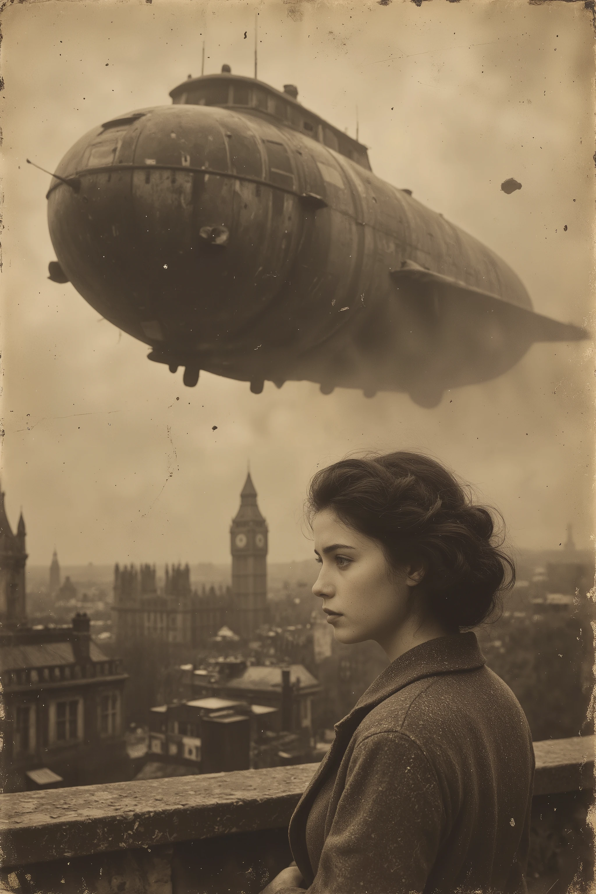 antqgldnCE style, nsfw,
Adult,
Photorealism,
((A scene from a live-action movie)),
Incredibly detailed,
19th century photo, antique photo, sepia toned photo, natural smile, her name, her price, photo date,
As an adult, A gigantic, sky-high flying object suddenly appeared in the sky above London.