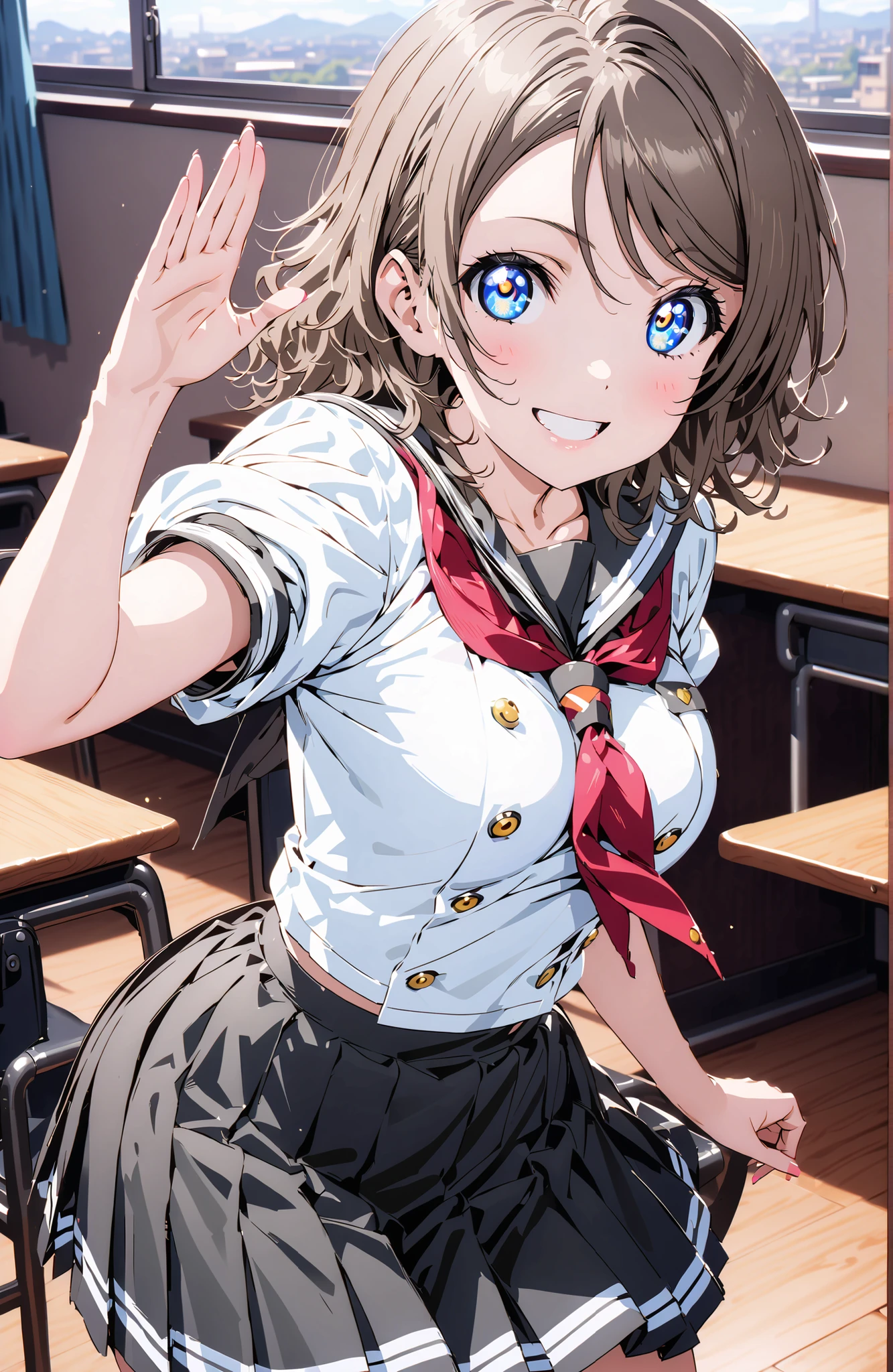 solo, 1 girl, Watanabe, short hair, medium breasts, Hair,blue eyes,smile,blush,grinning,
break skirt, uniform, short sleeve, pleated skirt, sailor suits, socks, neckerchief, black socks, (red neckerchief:1.2), grey skirt, uranohoshi uniform,She is holding a bouquet of flowers with her left arm,and her right hand is in a salute pose,standing,machine,chairs,curtains,window,noon,綺麗な街並みbreak indoors, Classroom,
break looking at viewer,full body,
break (masterpiece:1.2), best quality, high resolution, Unity 8k 壁紙, (illustrations:0.8), (beautiful detailed eyes:1.6), highly detailed face wearing black, perfect lighting on the table, extremely detailed CG, (perfect hand, perfect anatomy),,