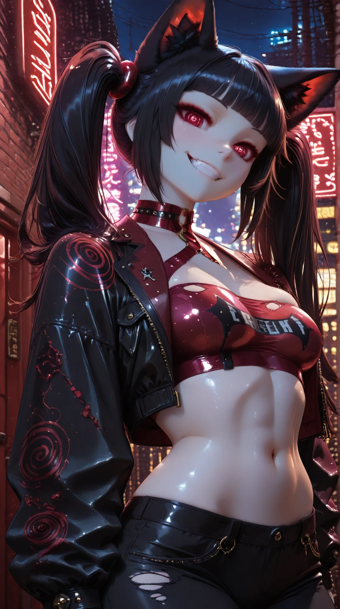 (masterpiece、top-quality、hight resolution、Unity 8k Wallpaper、extremely details CG:1)、In a dimly lit nightclub, a provocative woman stands at the center of attention. She is wearing a long coat, ((which she has dramatically opened wide to reveal a scandalous outfit or just lingerie underneath.)) The woman is facing forward, looking directly at the viewer with a bold, teasing expression on her face. Her pose is confident and daring, exuding an aura of seduction. The background features typical nightclub elements such as neon lights, a bar, and silhouettes of other patrons. The overall mood is one of boldness, allure, and provocation. nsfw, ((evil grin, red ribbon, 10 years old))