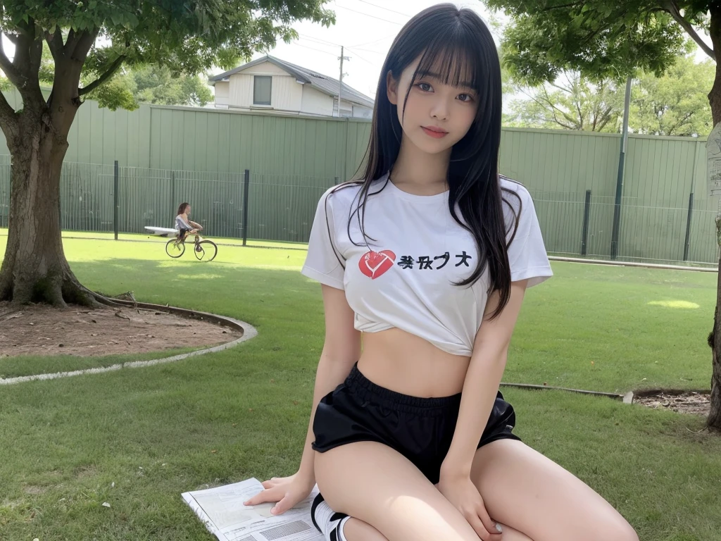 8K, RAW Photos, Highest quality, masterpiece:1.2), Very detailedな, Ultra-high resolution, (Realistic, Realistic:1.37), High-resolution RAW color photos, Professional photos, Very delicate and beautiful, Very detailed, 8K壁紙, (Beautiful and exquisite)、(Beautifully detailed face),Anatomically correct body shape, Natural light in the skirt, woman、Japanese、20-year-old, Long Black Hair、Black hair straight、 (A shy smile:1.3), Fine and beautiful skin、Skin Texture、 (Slim waist:1.2)、(E-cup bust:1.21), (T-Shirts,mini skirt,Panty shot:1.25),Are standing,Sharp focus、The background is a realistic cityscape