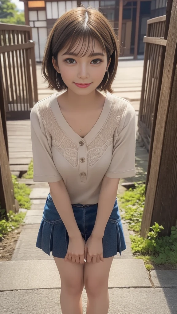 ((highest quality)), ((masterpiece)), (detailed),naked ,((Flat Chest、とても小さいcute胸)),(cuteパンティーを履いている),Perfect Face,cute ,Front view, short hair、brown hair、Japanese idol girls,smile、Embarrassed face,whole body(Depiction from the knee up)、Pool ,Place your arms behind your back,