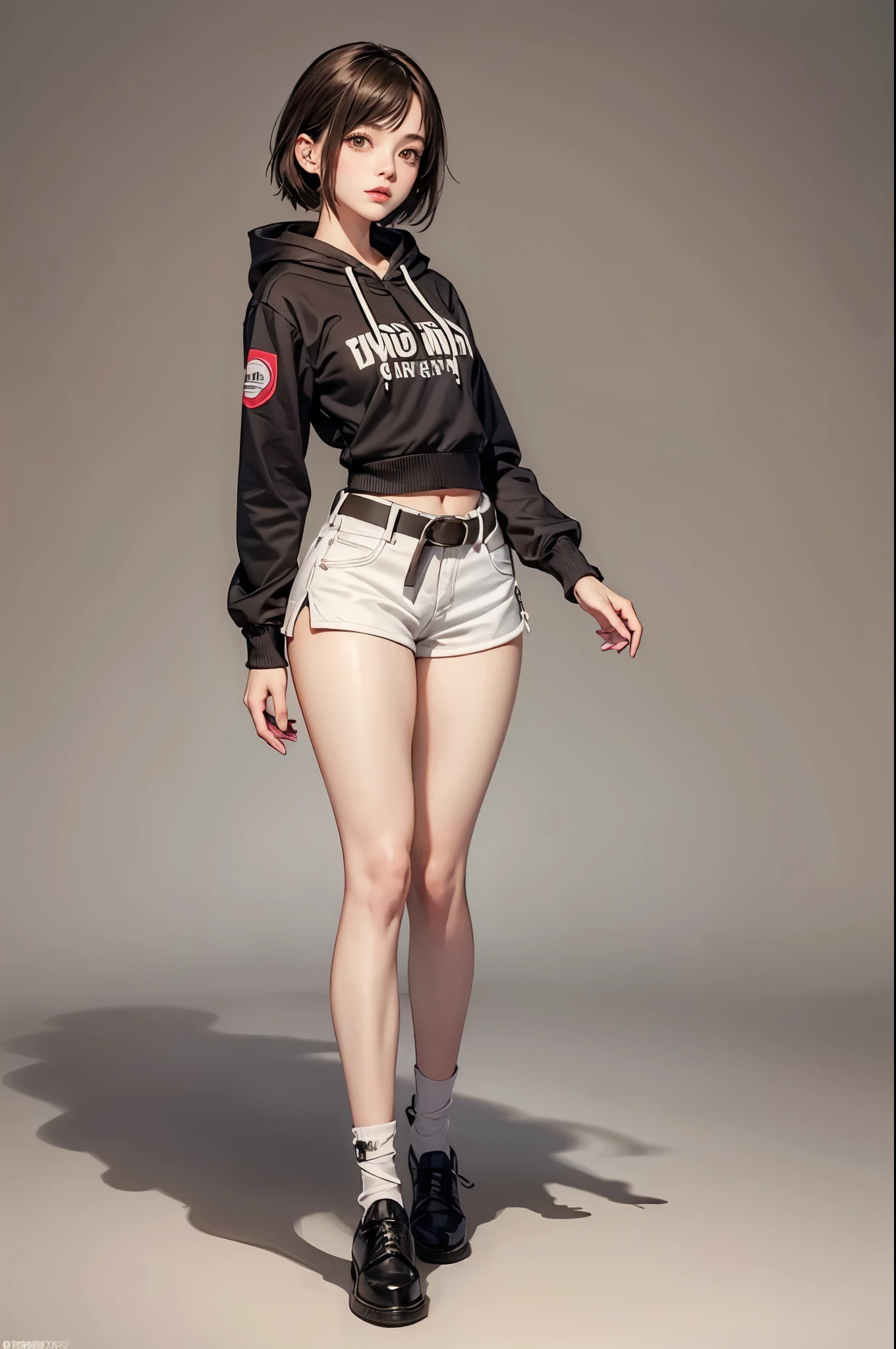 One girl, young girl, sole female, short hairs, hoodie, micro shorts, tight shorts, wide hips, brown eyes, full body, puffed sleeves, belt, (plain background)