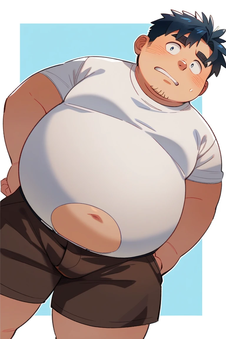 (androgynous), (boyish), chubby, (very short hair), (pudgy face), (thick), overweight, beefy, (cute), (little brat), (naughty brat), (belly button), Chubby body, Sweaty body, (Smelly body), (moobs), (ikemen), (Obese man like female breasts), (naked), (sexly), (nipples), 