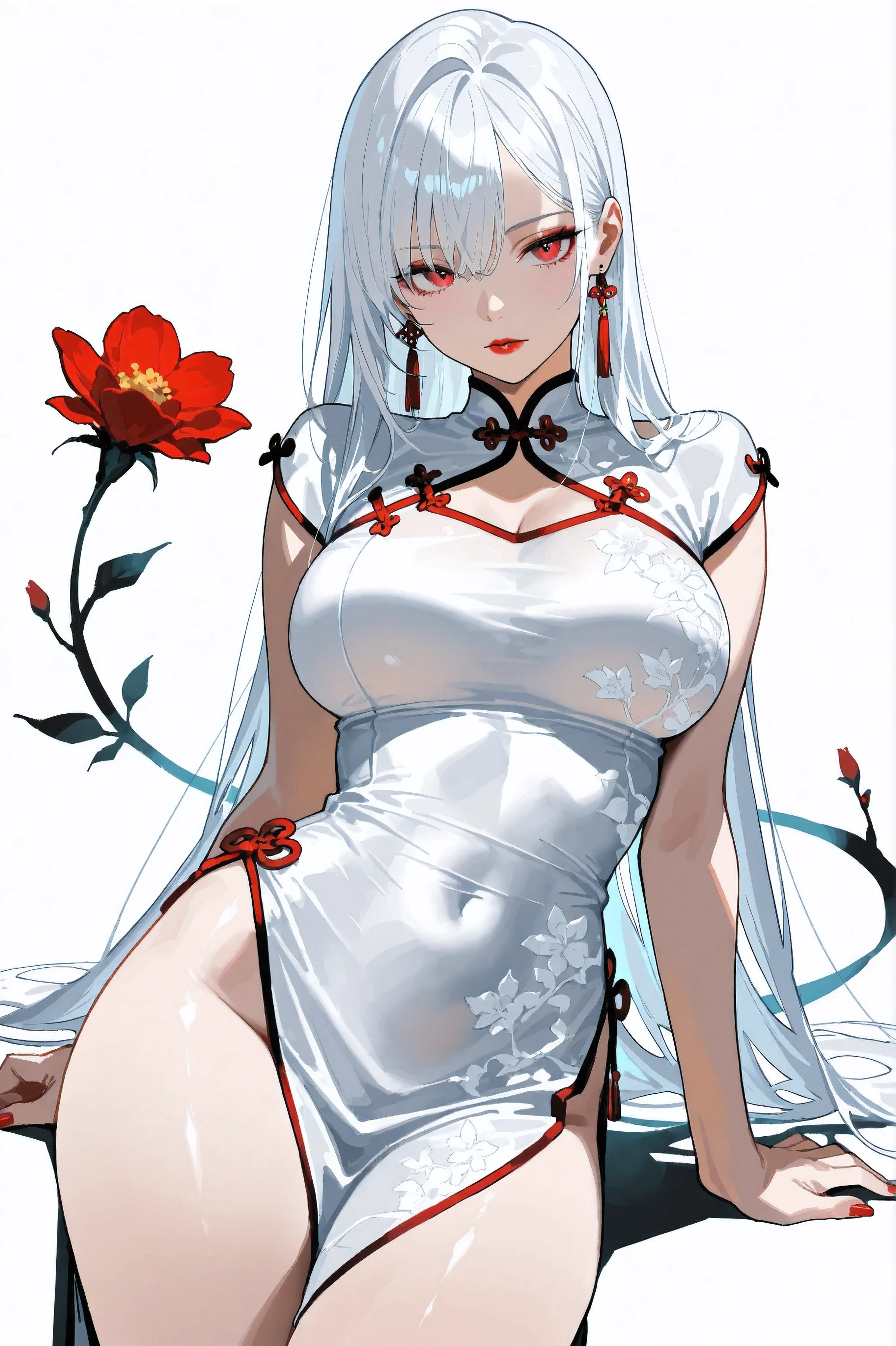 (masterpiece, best quality, ultra-detailed, 4K, high resolution), long white hair, large breasts, slender body, 20 years old, beautiful and alluring girl, wearing a pink Chinese dress, red lipstick, red nails, seductive and elegant, white background with red flowers, from thighs up, neutral expression, confident pose, realistic lighting, soft shadows, fine details, graceful and sexy atmosphere