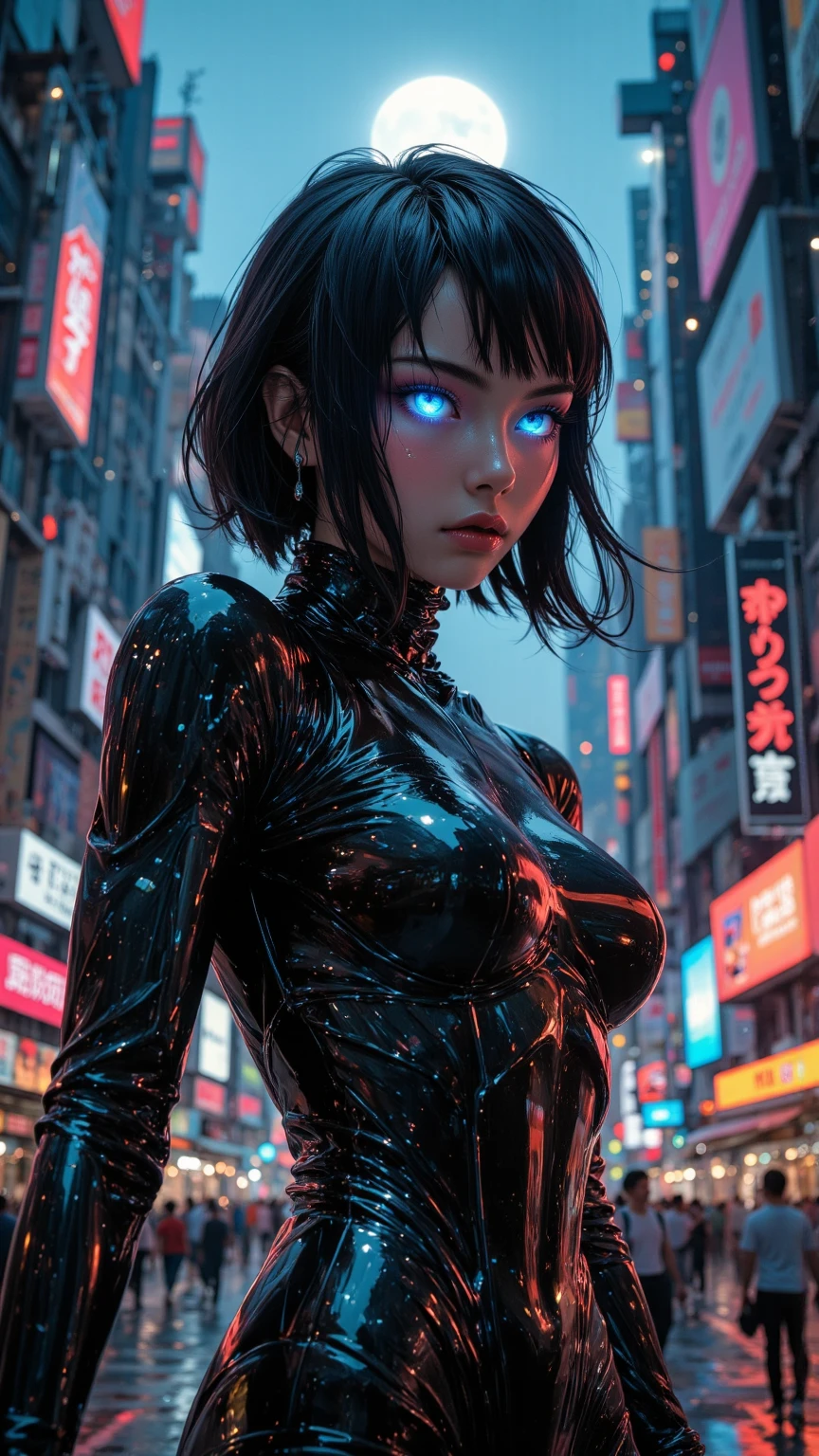 masterpiece, Best quality, (1 girl), (solo) (front facing), (upper body), (smile),(from front), (portrait), (night), (pose for picture), (dystopian city street), (large breast), (cleavage), (long hair),, black costume, black, gloves, dress boots, black gloves, puffy sleeves, black dress) (blak hairband),(cyberpunk costume), (green hair), (blue eyes), feather-trimmed sleeves anime, realistic, masterpiece, (bobcut, bangs), (A2 costume) (cyber_mark), ( facial mark), (cyberpunk suit), (j4nu4ryj0n3s cleavage), (demure), (dark room), (neon lights), (cyberpunk room), (focus on body), (look at front), (look at viewer)