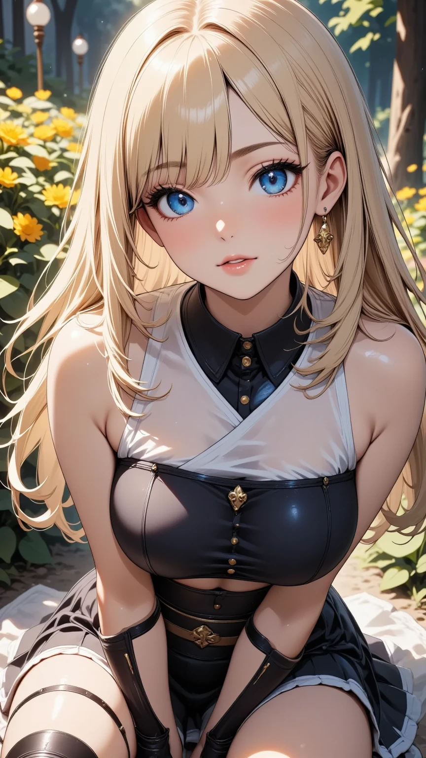 #Basics A girl is posing for a photo, animeのかわいい女の子, ((One Girl)), (((Baby Face:1.2)) + ((cute:1.3))),
break
#Clothing Accessories
((mini denim shorts)) + ((Black shirt tied under the chest)) + belly button + Black sneakers,
(Gold hoop earrings), (Fancy Necklace), (Black nail polish), (Cleavage),
break
#Features
(((Blonde)), ((slicked back hair)), (low twintail : Long Hair + Voluminous Hair + Hair curled outside + Tied up with a red string ribbon)),
((Droopy eyes:1.4, Big eyes:1.2), blue eyes), (Small breasts), (Brown skin:1.4),
break
#background environment
((noon + garden + grass, Promenade)),
#Facial Expression Pose
(smile), ((Brush your hair back, Sweat)),
#composition
((Face the camera, (Focus from the front), Cowboy Shot)),
break
#Body parts elements
(Slim figure),
(Detailed Hair, Beautiful Hair, Shiny Hair),
(double eyelid, Long eyelashes),
(Expression of fine eyes, Beautiful and delicate eyes, Sparkling eyes, Eye Reflexes, Glitter Eyeliner),
(Human Ear),
(Beautiful Nose, Thin Nose),
(Glossy Lips, Beautiful Lips, Thick lips), (Symmetrical facial features),
(Detailed skin, Textured skin, Beautiful Skin, Oily skin),
break
#Quality Image Quality Common
(((Highest quality)), ((masterpiece)), ((Very detailed))), ((Ultra-high resolution)), ((16K, 1080P)), ((FHD)),
(Anatomically correct), (Realistic), (3DCG), (oil),
#Quality image illustration
((comics, anime)), CG illustration,