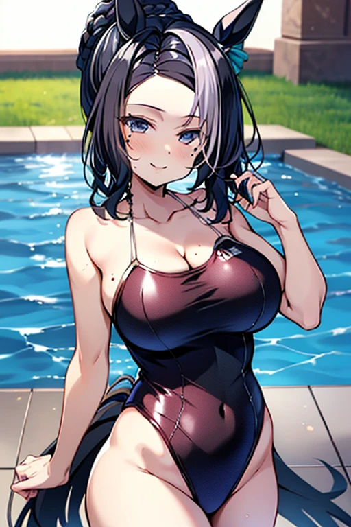 score_9, score_8_up, score_7_up, elisehtp, 1girl, solo, pale skin, hair over eyes, blunt bangs, streaked hair, freckles, white skin, black lips, black choker, nose ring, bikini, poolside, on stomach, cleavage, ass, large breasts, outdoors, thick thighs, depth of field,