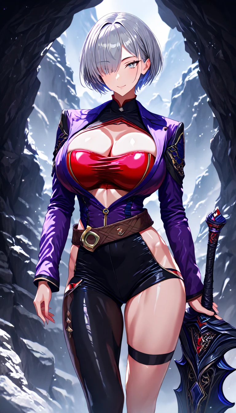 1 Woman in black costume with white pants, dressed as a maid/Ninja, big breasts, staring at the viewer, holding a katana attached to a chain, she has short purple hair and blue eyes, she is in a dark alley with bandits in the background, grimace, Unreal Engine 5, Mortal Kombat, anime, Action painting, Suprematism, anatomically correct, 16k, masterpiece, best quality, high details, UHD, ccurate