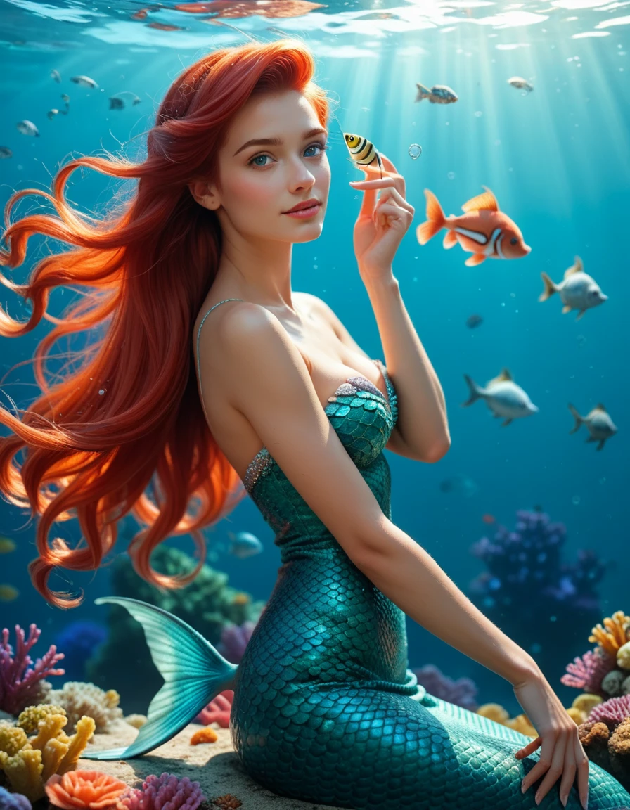 outdoor photography, beautiful, (little mermaid:1.7), dryad, (elf ears:1.5), ears, elf, indigenous, caucasian, 1girl, swimming, emerald (algae leaves:0.5) bracelet gold diadem crown, redhead wet hair, water surface, Strapless Bikini, fullbody, cute, pouty, smiling, cosplay, diving, surfacing, pond, forest clearing, diving, underwater, surface, realistic, scales, gills, fins, fish tail, booty