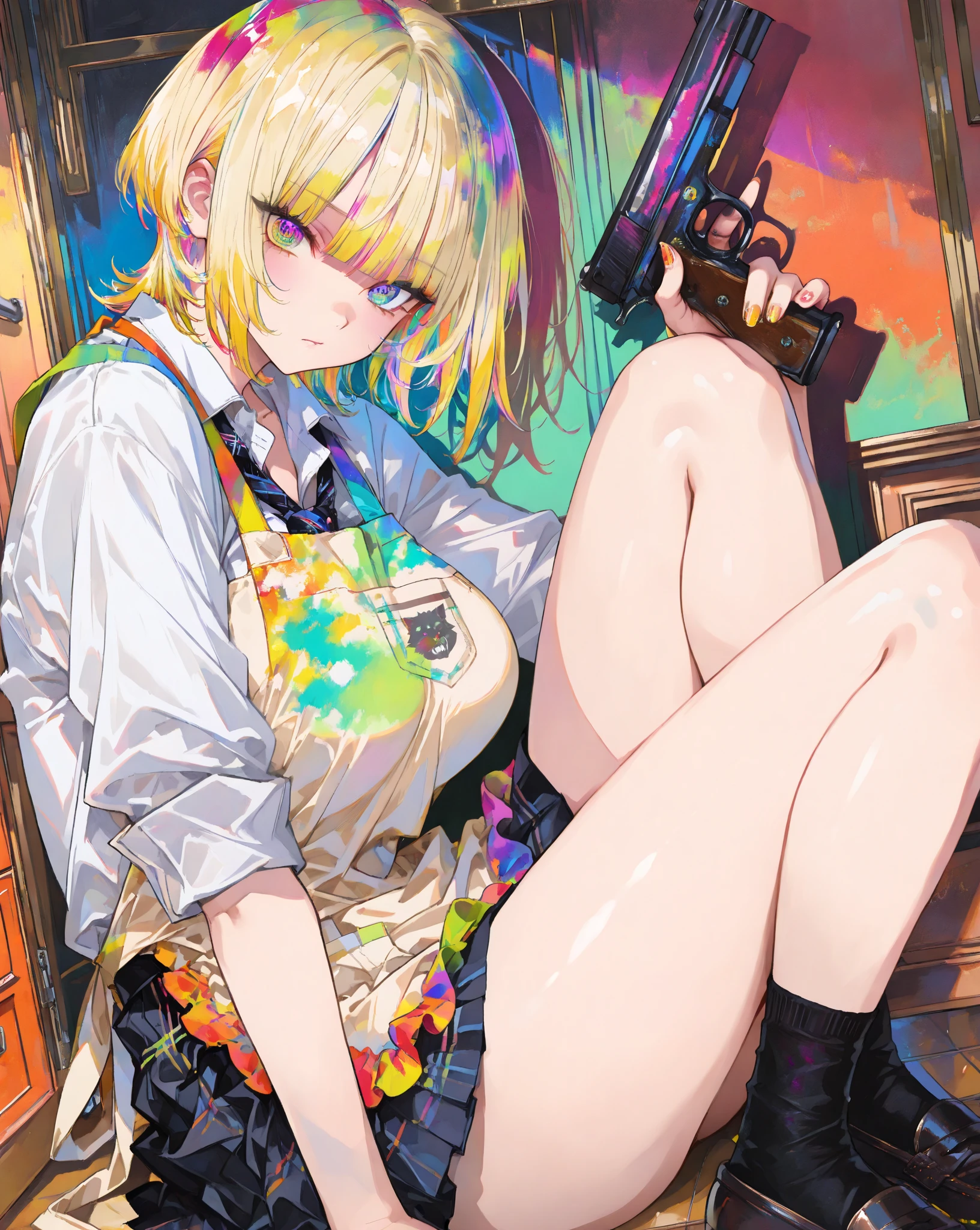 NSFW,((Perfect human body)),One girl, Red eyes, Wavy silver hair, Pointed Ears, vampire, Drooping eyes,Police uniform,Anxious expression,Police hat,Pleated skirt,Mobile Task Force Heavy Equipment,Big Breasts,Hair Flowers,Urban area,whole body,Character portrait,Skirt rolled up,In combat,Striped panties,Boomerang Pants,bulge in the crotch,Possession of a gun,Assault rifle
