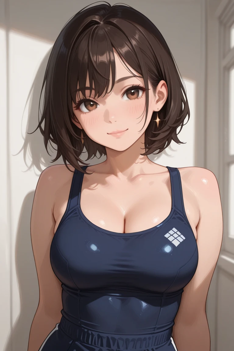 ((highest quality)),(ultra high resolution),(Super detailed),(detailed description),((best CG)),(best work of art),super precision art,amazing drawing art,(Fashion art with precise details:1.5), (adult women:1.6),(beautiful and well-shaped face:1.5),(big breasts:1.7),(大きな胸をtableに乗せる:1.6),(Short hair detailed and detailed:1.6),(sleeveless shirt:1.7),earrings, table:1.4,vase