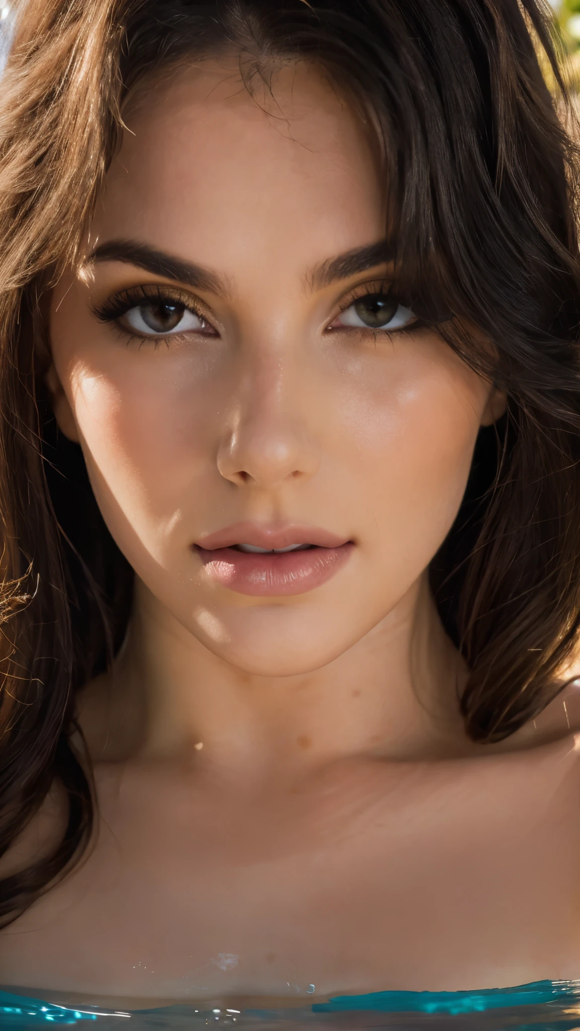 (masterpiece:1.2, best quality:1.2, extremely delicate:1.2), a beautiful woman with long shiny hair, choppy bangs, delicate face, passionate gaze, perfect smille, blush, seductive expression, tall and fit figure, perfect body, perfect skin, seductive pose, sexy Sling swimsuit, exposes her waist, the color scheme is primarily Black with Blue accents, (soaked, lying in the water), this character embodies a finely crafted sexy beauty, exquisite and mature art style, goddess, feminine, exquisite photography, depth of field, bokeh, photorealistic, even and soft lighting on face, dramatic, high definition, highres, ultra detailed, professional photo, perfect body proportions, anatomically correct, symmetrical face, extremely detailed eyes and face, perfect eyes, high quality eyes, creativity, RAW photo, UHD, 32k, portrait lighting, Natural light, cinematic lighting, (masterpiece-anatomy-perfect:1.2)