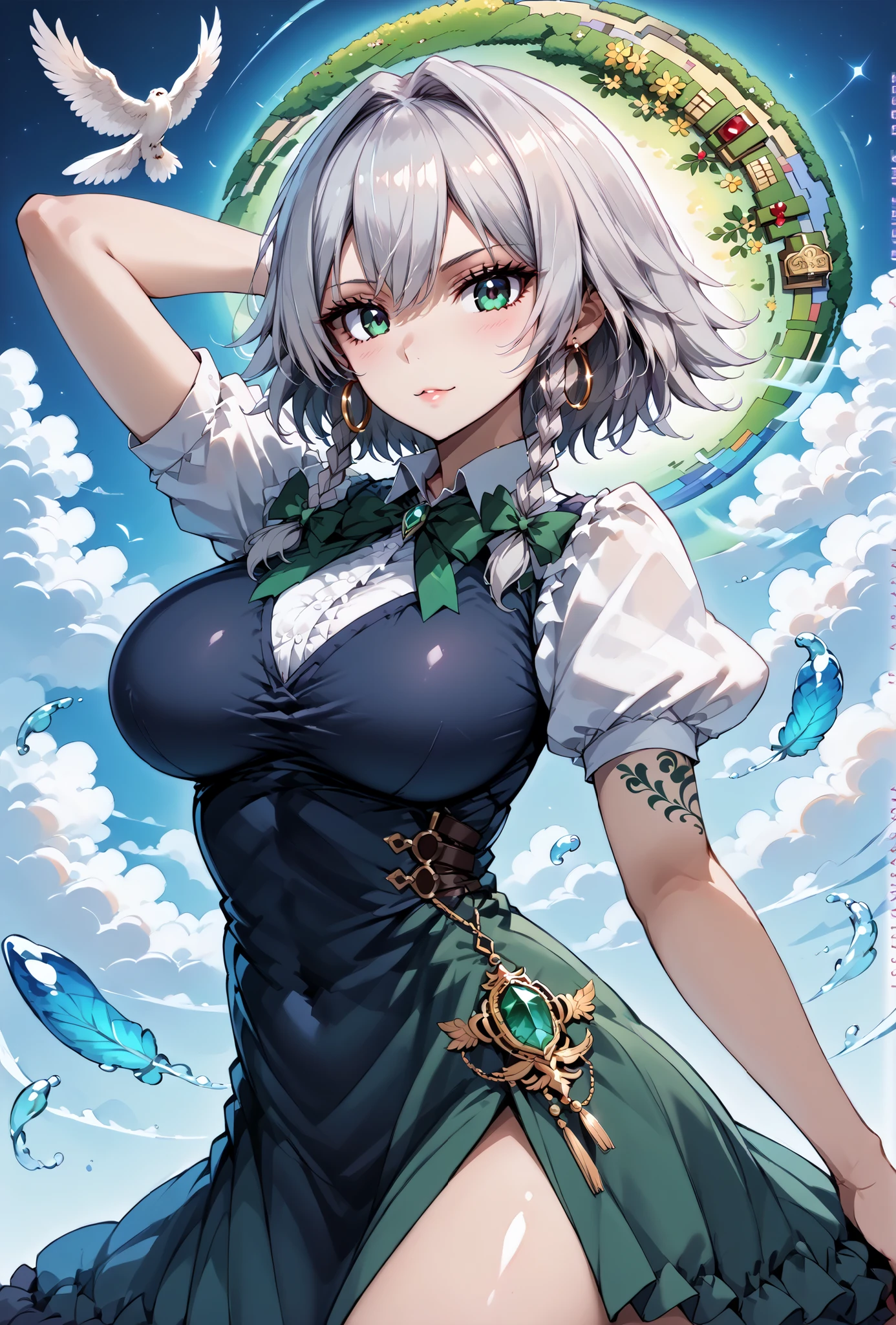 score_9, score_8_up, score_7_up, source_anime, 4K,perfect fingers,(perfect hands, perfect anatomy),prefect lighting, very aesthetic, intricate details,highly detailed background, masterpiece, high quality, best quality,
1girl,solo, izayoi_sakuya,silver hair, twin_braids ,((Large Breast:1.5)),
wearing ((tattoos, gold hoop earrings, tattoos, combed to the side, gothic mini dress, )) ,,
Sexy pose, looking at viewer,