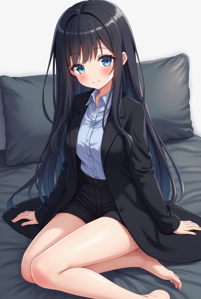 8K Photograph, FULL HDR,1girl, Yukinoshita Yukino, Thicc ass,((LAYING DOWN ON BED)), long hair , looking at the camera, wearing tight formal clothes, smile, black coat