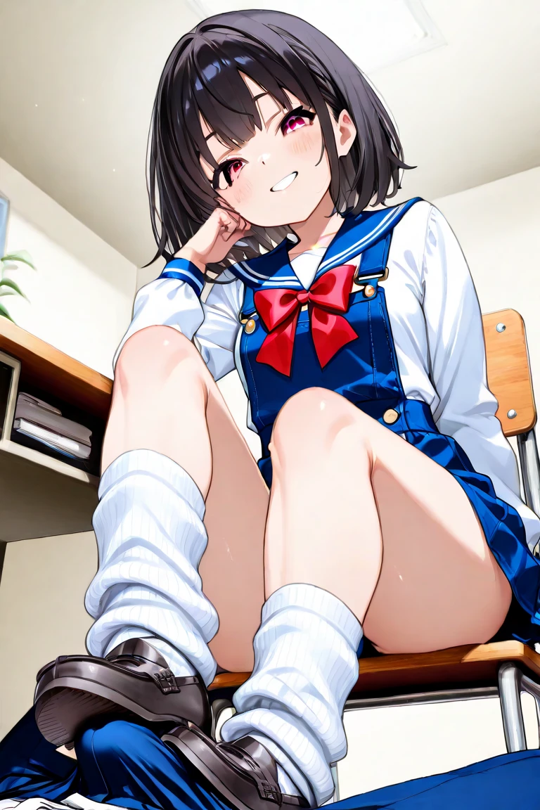 (8k、Best image quality、highest quality、masterpiece)、Detailed face、One girl、Black Hair、twintails、Grey Eyes、evil smile、((Grin))、Small breasts、((White collared shirt))、((cardigan))、((Plaid skirt))、((white panties))、sit、open legs、white buggysocks、shoes、Shoot from below、Gym storeroom