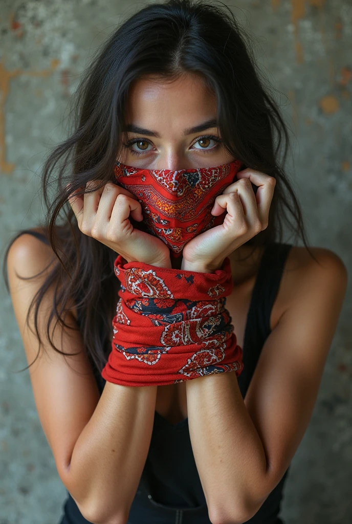 there is a woman with a bandana covering her face, distorted photo, wlop!!, wlop |, badass filters and effects, made with photoshop, hyperealistic photo, loish and wlop, smogpunk, beeple!!, wlop style, by Zahari Zograf, anaglyph effect, photo manipulation, vaponpunk
