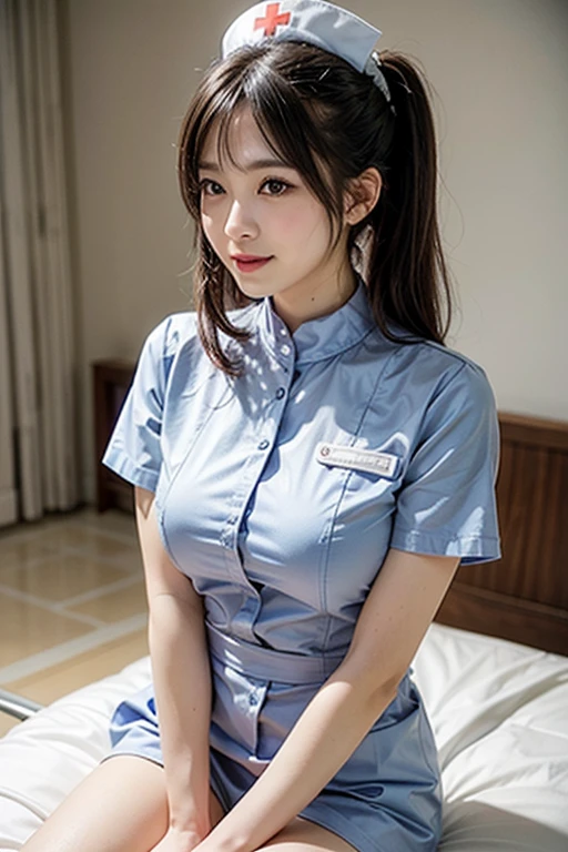 ((highest quality、masterpiece、High resolution))、(((Full body photo:1.95、Age 25、Glasses、Idol、Beautiful Skin、semen、Wet body、Wet Hair、Nurse uniform、Cute Smile:2.5、Cleavage、Big Breasts、hospital、Silver Hair、Medium Hair))), Black Stockings, Detailed beautiful face