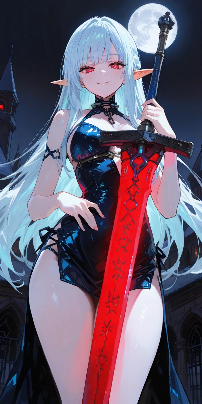 An adult woman half fox and wolf, wide breasts, red eyes, white hair, very angry, wearing a bikini, standing on her back, wide ass, looking back, wolf tail, holding a sword behind her back, and very sexy