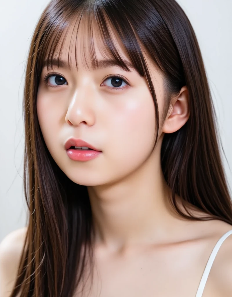 ((cute japanese girl、beautiful japanese girl obese、1 girl obese、clear、19 years old、poneyTail、Highly detailed face and skin texture、refinement、super detailed face、ultradetailed eyes、blusher、blush、cheek、Pink cheeks、close up of a woman、bustup、Face facing front、Body facing front、looking at the camera、front、cute、smooth white skin、Transparent skin texture、))、(dark brown hair、bangs)、Beautiful Women obese in Perfect Style:1.4、Japan models、young gravure idol、Young cute gravure idol、Realistic young gravure idol、sophisticated gravure idol、((highest quality、8K、masterpiece:1.3、1Photo))、(4K、RAW photo、highest quality)、(realistic、Photo realistic:1.37)、Place a person across the screen、Natural light、upper body and head、