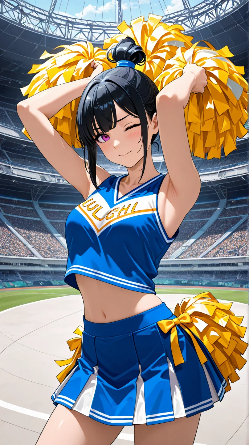 masterpiece, best quality, highres, aakotori, short hair, yellow hairband, mole under mouth, <lora:otonashi_kotori_v1:0.7>, cheerleader, pom pom \(cheerleading\), miniskirt, smile, open mouth, sweat, stadium,