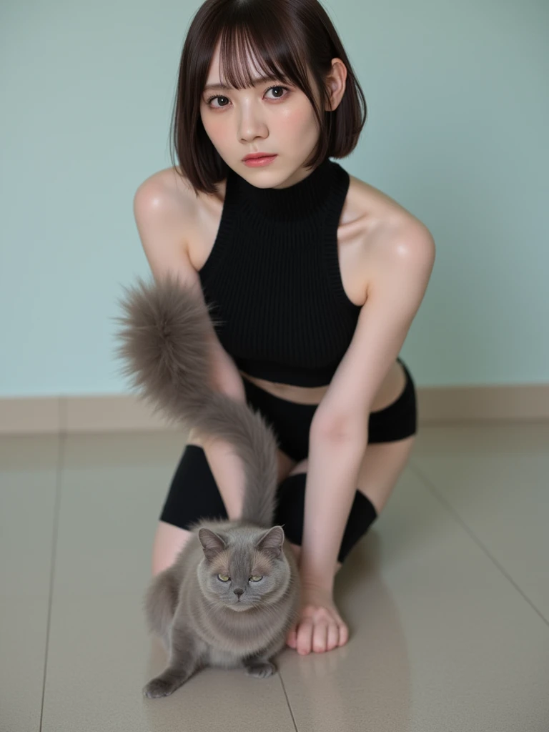 High Quality, High Quality, 4K, cute girl, Japanese woman, full breasts, anime lover, geek girl, pervert, legs spread apart, mini skirt, short hair, pretty girl, nice body, shy, shame, big spread legs, hiding crotch with hands, blue tank top, sexy, pervert, well-toned Beautiful face, World's most beautiful face, Cat pose, Cat pose with both hands, Pampered, Pampering, Cat ear catsuit, Nyan-nyan pose, Crouching, Bending, Hands next to face, Cat beckoning pose