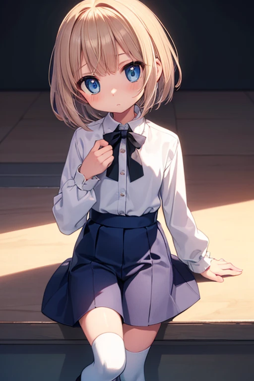 girl,Very beautiful face,bust,Put your hands down,Random hairstyle,Random Expressions,Big eyes, ,Lower abdomen,(short-sleeved 
ＪＫ_shirt),ＪＫ_style,(dark blue ＪＫ_skirt) ,(bow ＪＫ_tie),Mix 4、Young、young！！、one person！！、human、４歳のgirl、short hair、Blonde、With bangs、small、Laughter、Big eyes、barefoot、Short sleeve、black eye、cute、Spread your legs、With ribbon、skirt、small胸、身長のsmall、体のsmall、Short legs、charm、