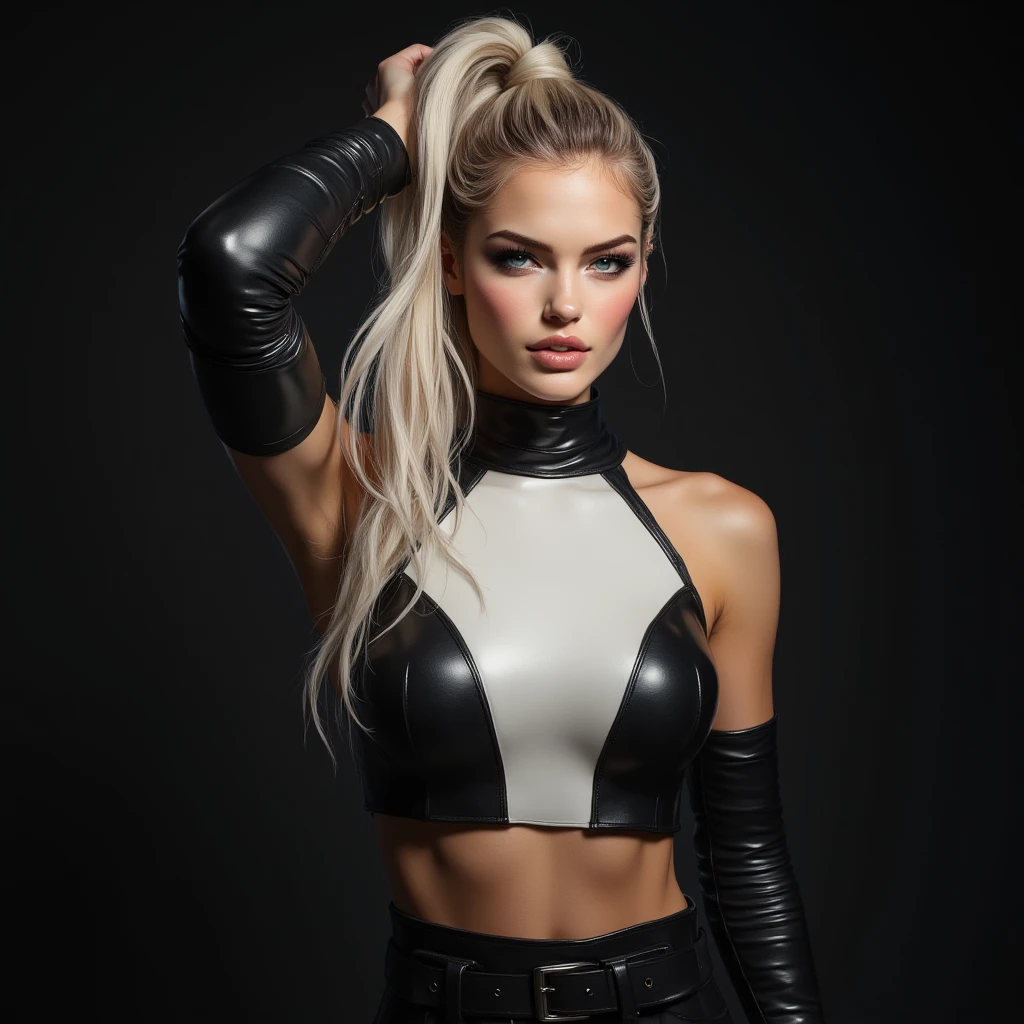 (dark plain black background:1.4), a european blonde woman, masterpiece, photorealistic, 8k, cinematic lighting, dramatic shadows, vivid colors, detailed skin texture, (realistic, photo-realistic:1.37), (best quality:1.2), extremely detailed face and body, beautiful eyes, lips, nose, detailed hair, dramatic atmosphere, cinematic composition, elegant and graceful (naughty:1.0), (standing up:1.0), (black spandex top and shorts:1.3), (legs:1.1), (twin braids:1.2), (up front view:1.1), (depth of field:1.0), (ray tracing:1.0), (clear lighting:1.0), (Sony FE GM:1.0), (135mm:1.1), (masterpiece:1.0), (ccurate:1.0), (super detail:1.0), (award winning:1.0), (highres:1.0), (16K:1.0), (best quality:1.0), (realistic:1.1), (makeup:1.0), (detailed skin:1.0), (light tan:1.0), (realistic eyes:1.0), (super detailed face:1.0), (platinum blonde hair:1.1)