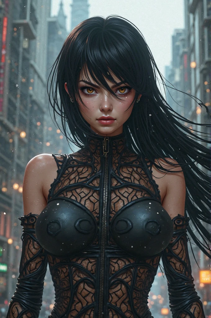 Top quality, Photorealistic, 8K, High Definition, absurd res, high res, ultra sharp, masterpiece, (masterpiece), best quality, expressive eyes, perfect face, Super eyes, masterpiece, highly detailed exquisite character art, epic fantasy digital art style, detailed digital 2d fantasy art, ultra-realistic, futuristic, cyberpunk, neon, dark black lipstick, pale white skin, metallic, elegant woman,