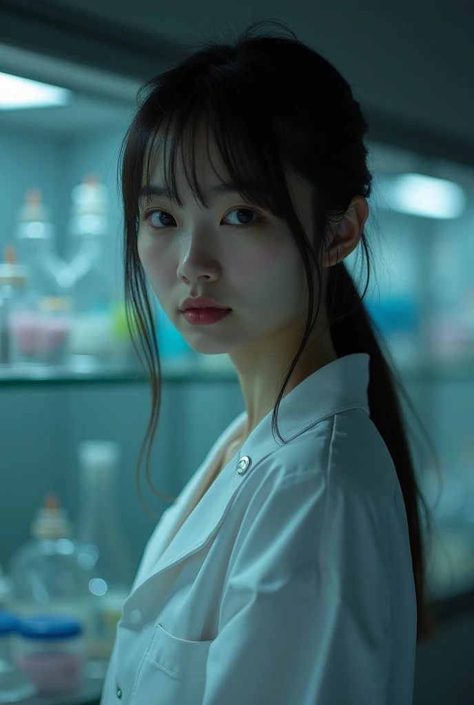 A sexy japanese scientist in a labcoat is getting hit by a green laser beam