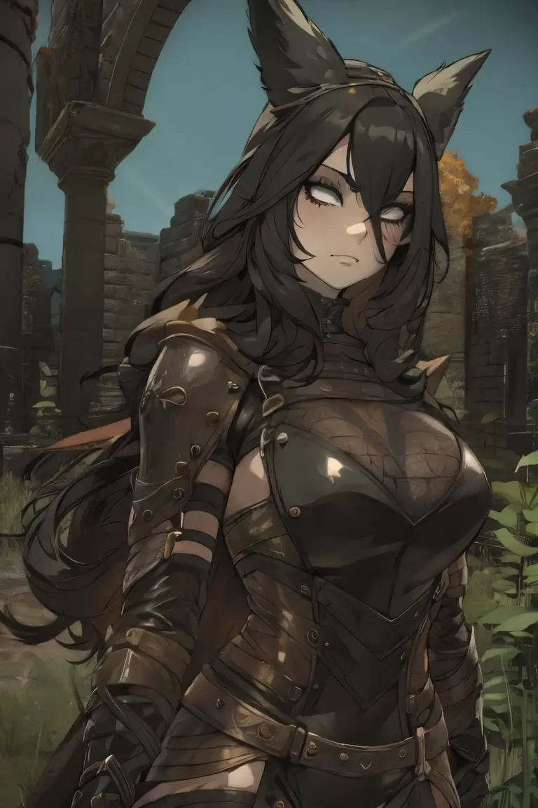 The woman, by the wide, long hair, black fur, black hair, fringe, pale, Pale skin, ((black eyes, black eyes)), scantily clad, black clothes, black clothes, Waders, hig boots, gloves, gloves, Cathedral, evening, fantasy