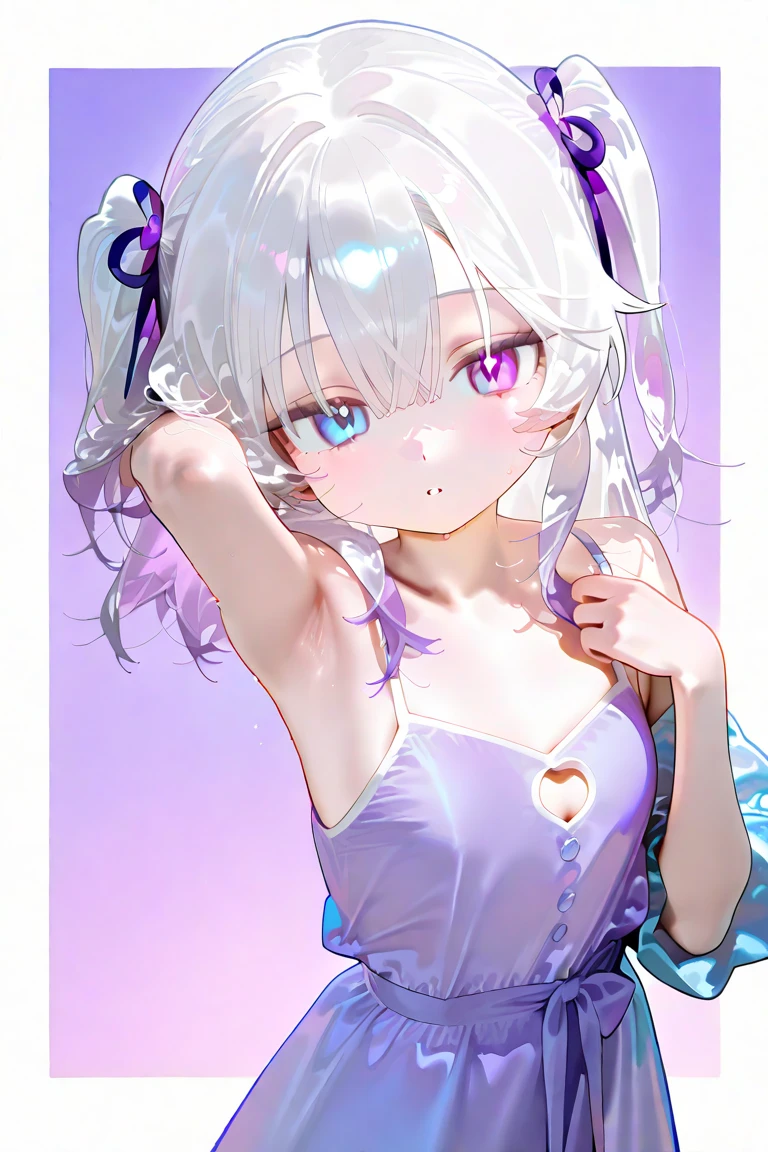 (((A closer look: 1.4))) anime teen girl, (Kindergarten children), (((shy))), cinematic light, Slim body with curves, Her skin is perfectly white, soft, And smooth, ((No NSFW)), Very delicate and beautiful CG illustrations, highest quality, High resolution, dynamic angle, Full length lens, (1 girl), floating, soft light, high key lighting), shining light, Purple Halo, Flapping background, Pearl ball (((Wearing only a white (Pure) (transparent) Tank top))), ((Very cinematic: 1.5))