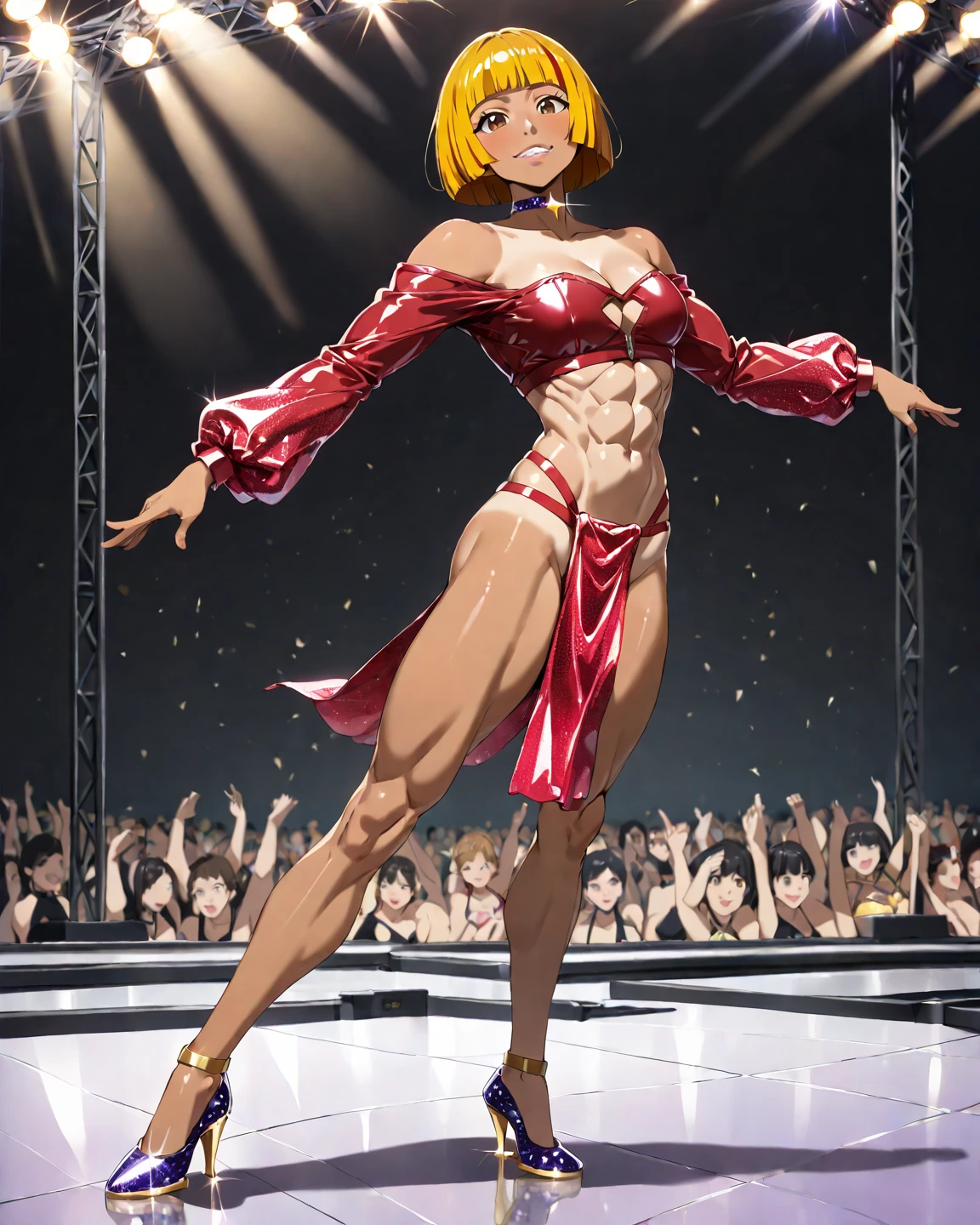 best quality, 4k, ((masterpiece)), extremely detailed, 8k, Trending on ArtStation, intricate, very high details, sharp focus, detailed background, (Fantasy City: 1.4), Roof, 1girl, floor, navel, ( blonde hair), red eyes, hair bow, red scarf, braid, short hair, small breasts, Looking at viewer, smile, belly, blonde hair, {{{very short and sexy bikini}}}, (wearing black panties very short), Gloves, Brown gloves, (muscular legs), standing