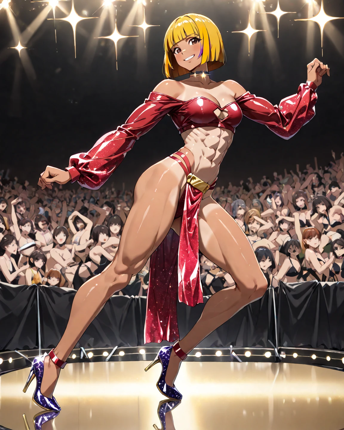 Anime, High quality full body image of Asuna as a bodybuilder in a tight bikini, Saite Tanga, ohne Schuhe, feet, bare feet, massive muscular body, huge muscular shoulders, Massiver Big Bizeps mit Adern, Muskelbeine, massive muscular abs, bizeps flex. posierend, Sie schwitzt, very muscular, The toned body shines in the spotlight, she is standing on a stage