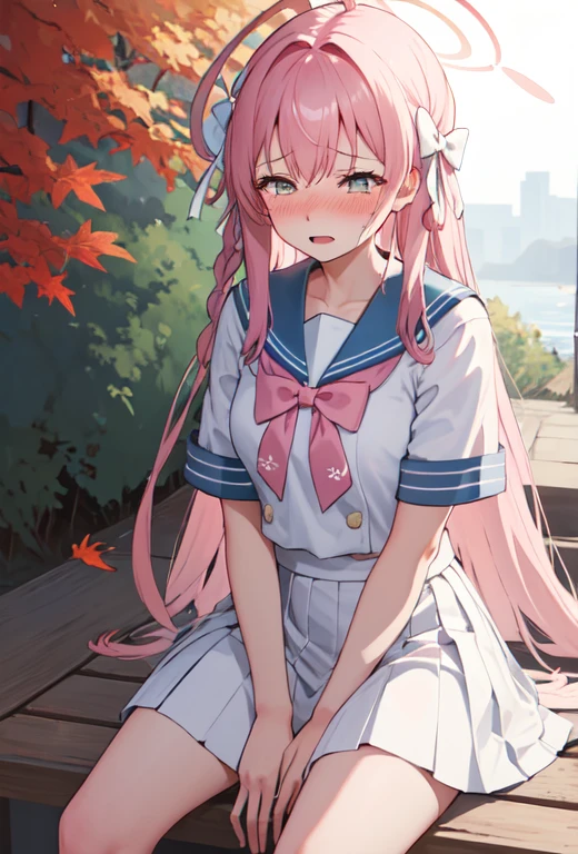 1girl, solo, young lady, nodoka haramura, blue eyes, hair bow, long hair, pink hair, bow, large breast, shiny skin, 
BREAK blue skirt, kiyosumi, pleated skirt, serafuku, skirt, 
BREAK looking at viewer, cowboy shot, blush, open mouth, light smile,
BREAK outdoors, japanese countryside, tree, blue sky, cloud, brook, water wheel, model posing, 
BREAK (masterpiece:1.2), best quality, high resolution, (illustration:1.2), (beautiful detailed eyes:1.2), extremely detailed face, extremely detailed CG, (perfect hands, perfect ???????),