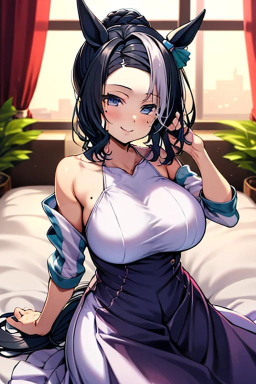 top-quality、supreme１People Girls,hightquality,, ((masuter piece)), ((High resolution)), ((Best Quality)), detail, (cum faced、Excited face.Very happy,), ((Glossy skin)), Young Woman:1.4、(Black nightgown:1.3)、 girl with, lightblue hair, (Straight、Bangs Patsun)、、fair white skin:1.3、((roll into bed:1.6))、Colossal tits, cinmatic lighting, perfectly shaded,(((Bedroom at night))), Realistic lighting with shades,