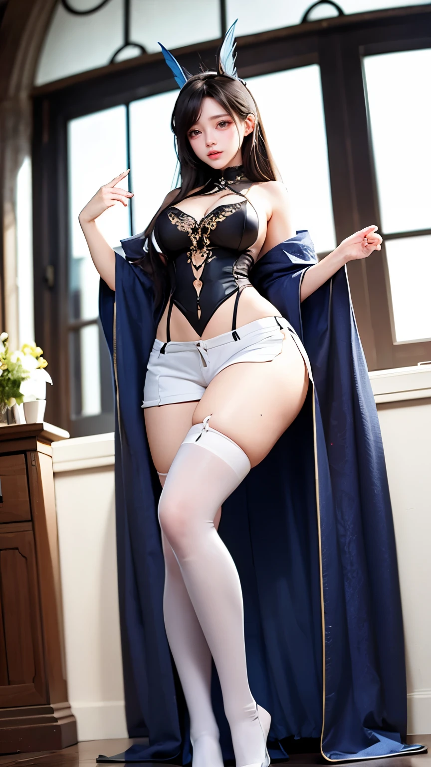 Intricate details: "((a sexy animated lady poses in revealing clothes while in fire-lit fantasy setting, breasts, 1girl 18 years old, animal ears, short hair, panties, black panties, underwear, cat ears, looking at viewer, thighhighs, cleavage, corset, blue hair, string panties)"