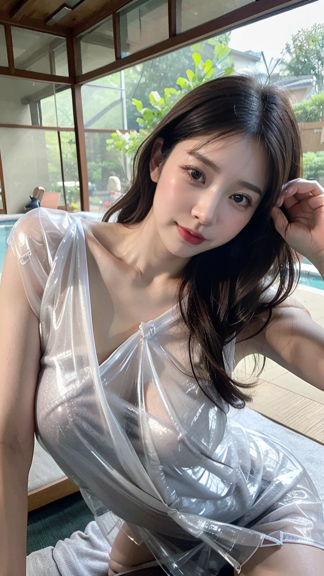 ((best qualtiy, 8K, tmasterpiece:1.3)), perfect figure beautiful woman:1.4, Protruding cleavage:1.5, (Beautiful breasts:1.2), (wetclothes:1.8) , JK school uniform:1.1, Highly detailed facial and skin texture, A detailed eye, 二重まぶた，Whiten skin，long whitr hair