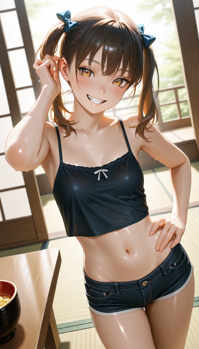 Cute 13 year old girl, small breasts, wearing leggings and tank top, smiling innocently, (((she braless making her nipples almost visible)))
