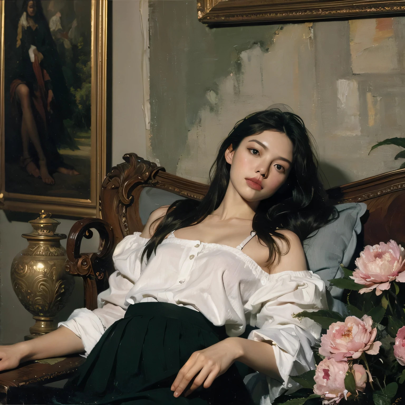 (oil painting:1.5), \\ a woman with (long curtly hair ), ((green eyes)) is lie on the ground in veil, peony, (amy sol:0.248), yellow, with skirt,(stanley artgerm lau:0.106), (a detailed painting:0.353), (gothic art:0.106)
